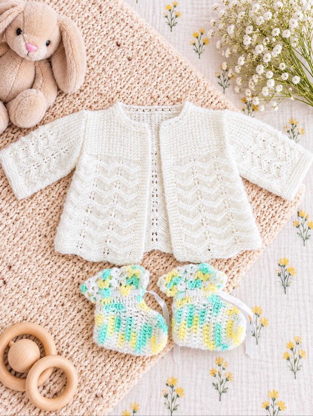 Vintage Hand Knit Baby Cardigan & Booties Set White Pastel Newborn